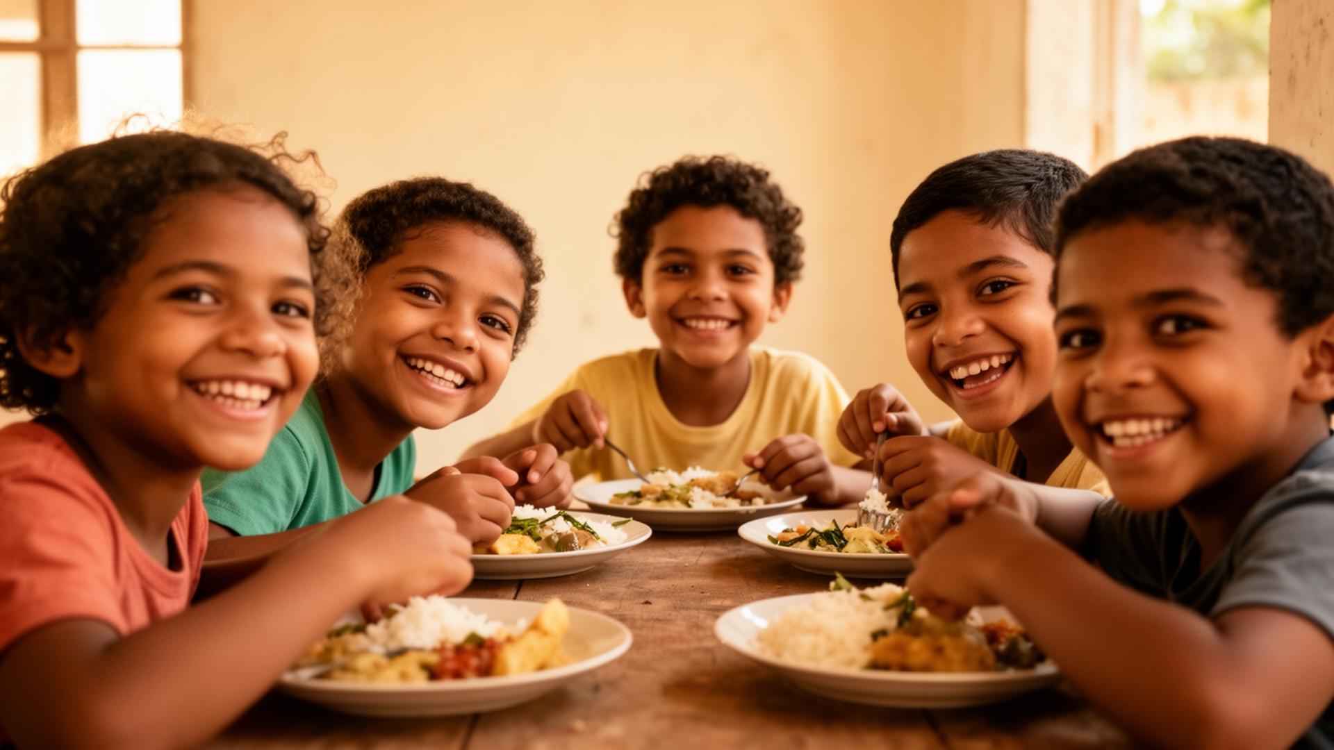 Crianças sorrindo ao redor da mesa compartilhando uma refeição
