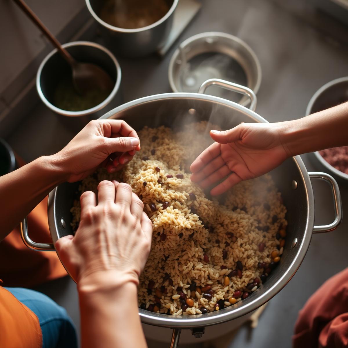 Mãos de voluntárias preparando arroz e feijão